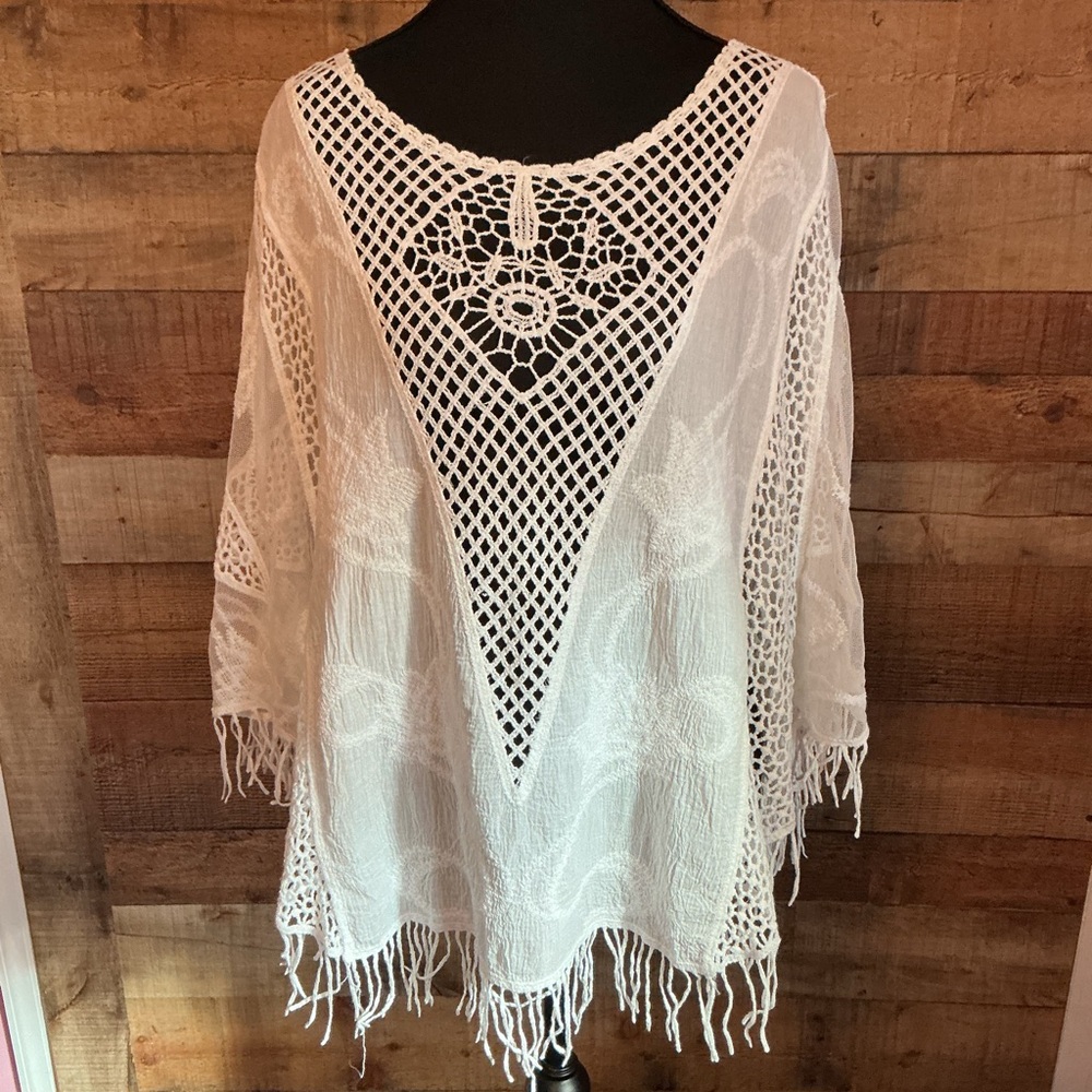 Cupshe White Crochet /gauze Fringe Blouse BOHO